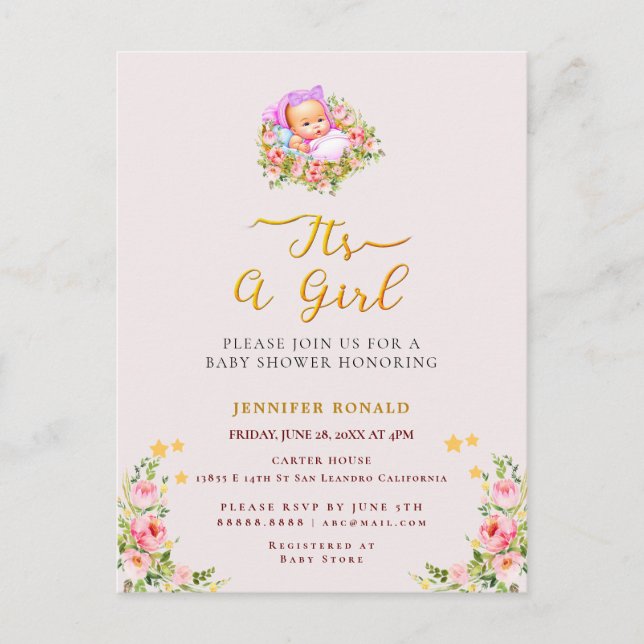 Pink and Gold Flower theme its a girl baby shower  Postcard (Front)