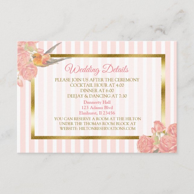 Pink and Gold Flowers and Bird Wedding Detail Card (Front)