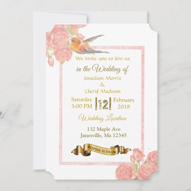 Pink and Gold Flowers and Bird Wedding Invitations (Front)