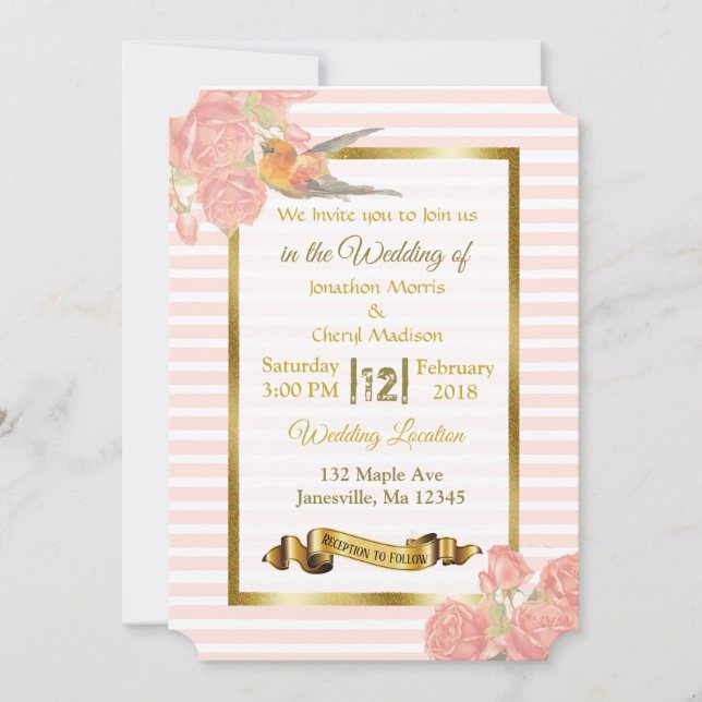 Pink and Gold Flowers and Bird Wedding Invitations (Front)