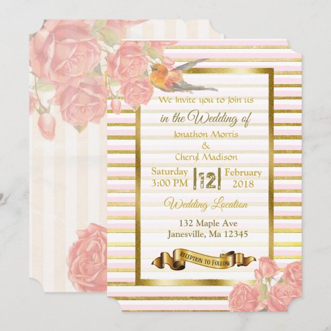 Pink and Gold Flowers and Bird Wedding Invitations (Front/Back)