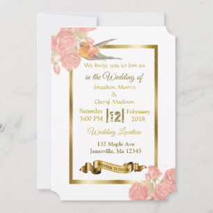 Pink and Gold Flowers and Bird Wedding Invitations