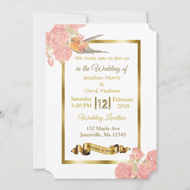 Pink and Gold Flowers and Bird Wedding Invitations (Front)