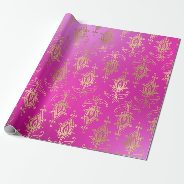 Pink and Gold Foil Arabian Bollywood Wrapping Paper (Unrolled)