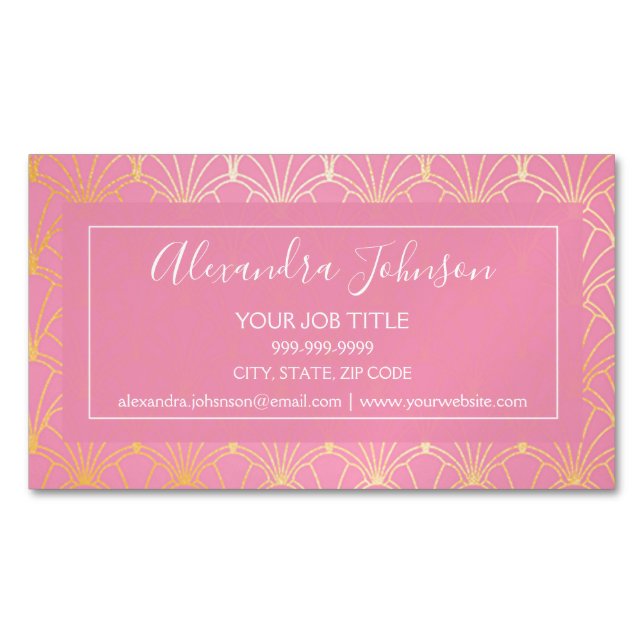 Pink and Gold Foil Art Deco Geometric Pattern Magnetic Business Card (Front)