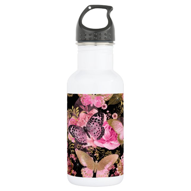 Pink and Gold Foil Floral Butterfly Pattern 532 Ml Water Bottle (Front)