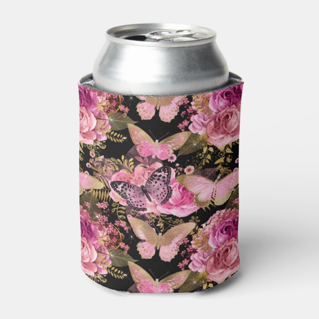 Pink and Gold Foil Floral Butterfly Pattern Can Cooler (Can Front)