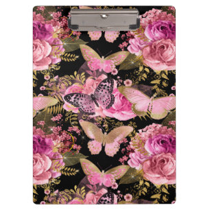 Pink and Gold Foil Floral Butterfly Pattern Clipboard