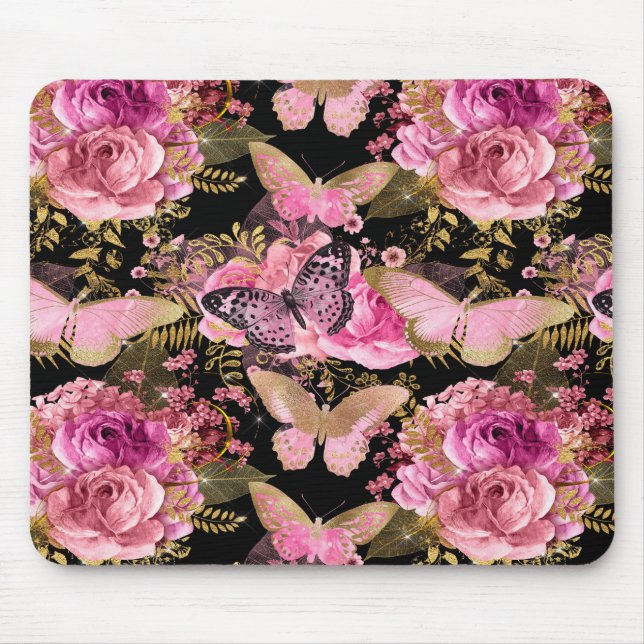 Pink and Gold Foil Floral Butterfly Pattern Mouse Mat (Front)