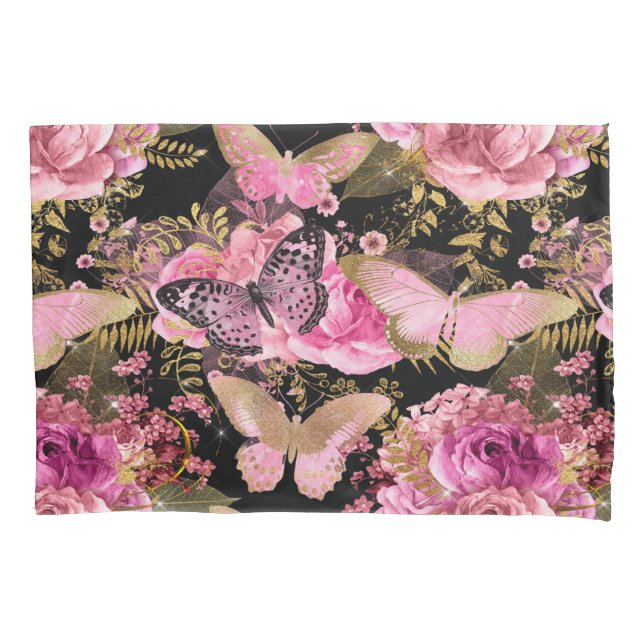 Pink and Gold Foil Floral Butterfly Pattern Pillowcase (Front)