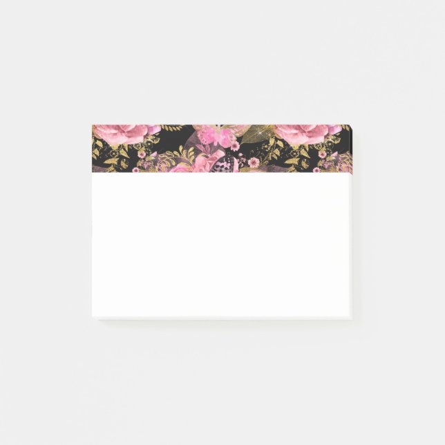 Pink and Gold Foil Floral Butterfly Pattern Post-it Notes (Front)