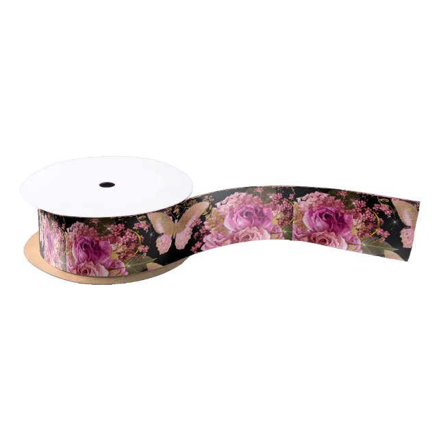 Pink and Gold Foil Floral Butterfly Pattern Satin Ribbon (Spool)