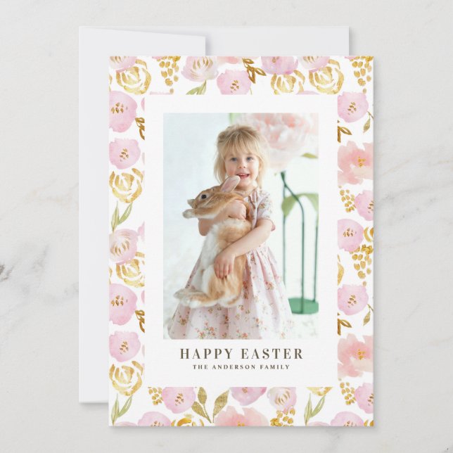 Pink and Gold Foil Flowers Photo Happy Easter Holiday Card (Front)
