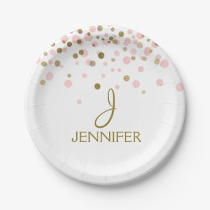 Pink and Gold Foil Girly Confetti Monogram Paper Plate