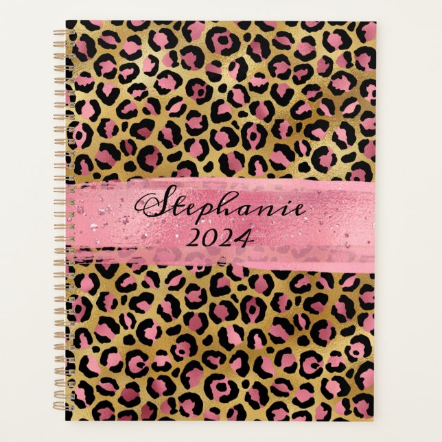 Pink and Gold Foil Leopard Brush Stroke Planner (Front)