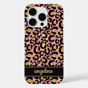 Pink And Gold Foil Leopard Print Monogrammed iPhone 16 Pro Case