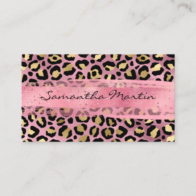 Pink and Gold Foil Leopard Spot Brush Stroke Business Card (Front)