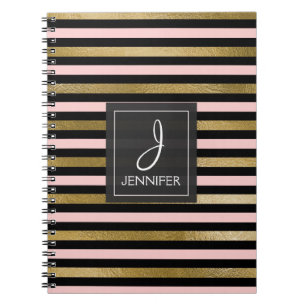 Pink and Gold Foil Monogram Stiped Notebook