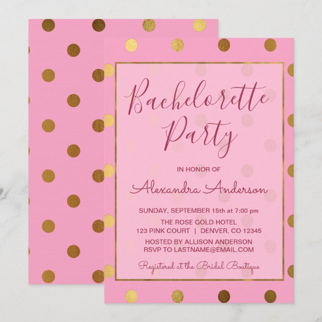 Pink and Gold Foil Polka Dot Bachelorette Party Invitation (Front/Back)