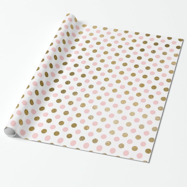 Pink and Gold Foil Polka Dot Pattern Wrapping Paper (Unrolled)