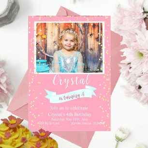 Pink and Gold Fourth Birthday Photo   Invitation