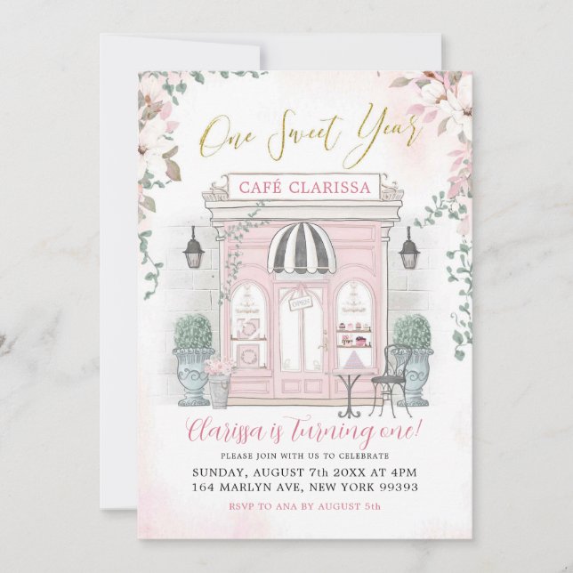 Pink and Gold French Cafe Patisserie Girl Birthday Invitation (Front)