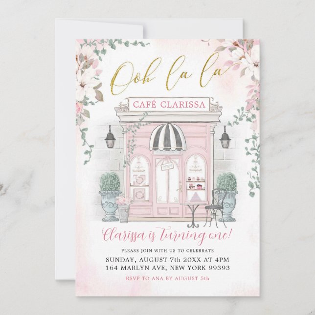Pink and Gold French Cafe Patisserie Girl Birthday Invitation (Front)