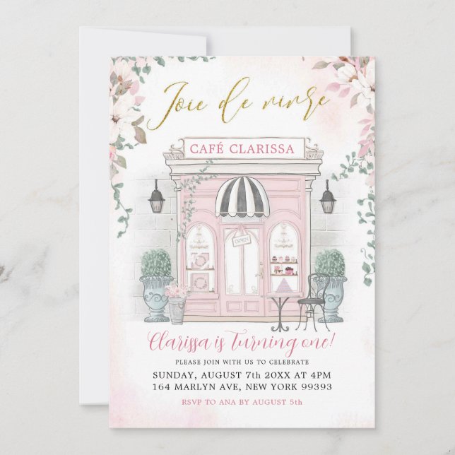 Pink and Gold French Cafe Patisserie Girl Birthday Invitation (Front)