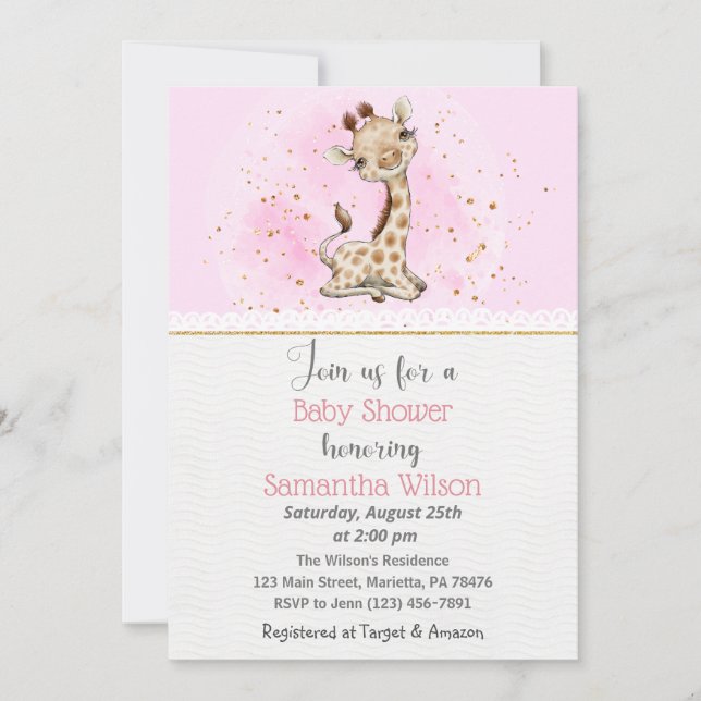 Pink and Gold Giraffe Baby Shower Invitation (Front)