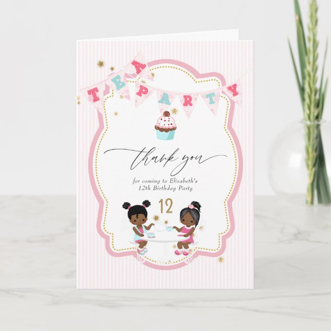 Pink and Gold Girl 12th Birthday Tea Party Thank You Card (Front)
