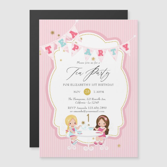 Pink and Gold Girl 1st Birthday Tea Party Magnetic Invitation (Front/Back)
