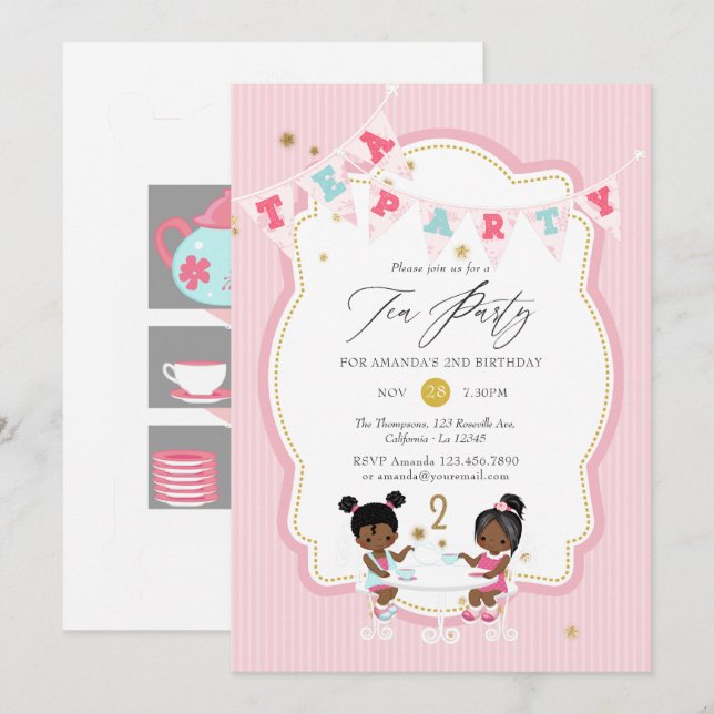 Pink and Gold Girl 2nd Birthday Tea Party Invitation (Front/Back)