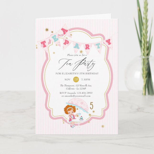 Pink and Gold Girl 5th Birthday Tea Party Invitation (Front)