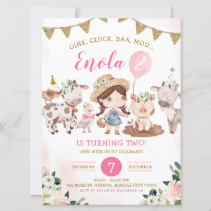 Pink and Gold Girl Farm Birthday Invitation