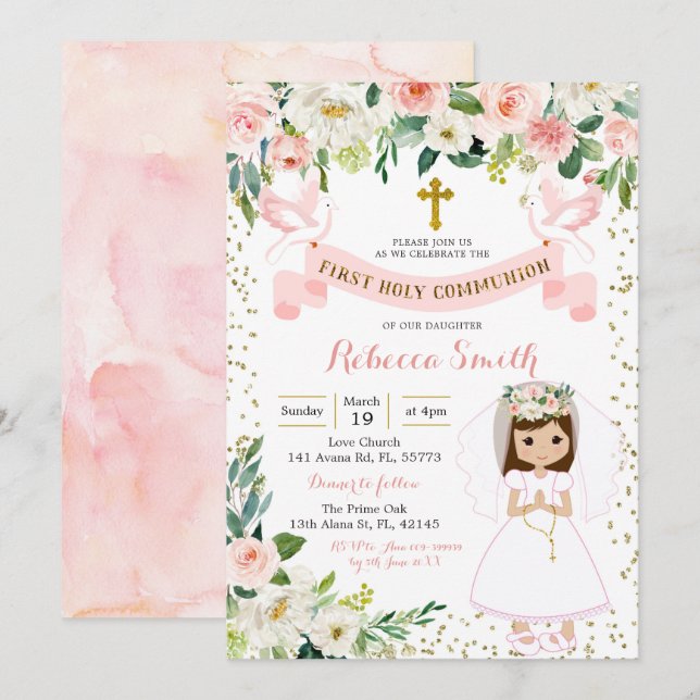 Pink and Gold Girl First Holy Communion Invitation (Front/Back)