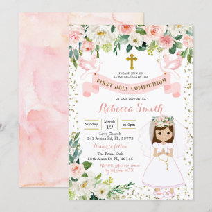 Pink and Gold Girl First Holy Communion Invitation