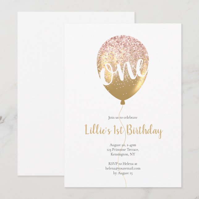 Pink and Gold Girl's Glitter 1st Birthday Party Invitation (Front/Back)