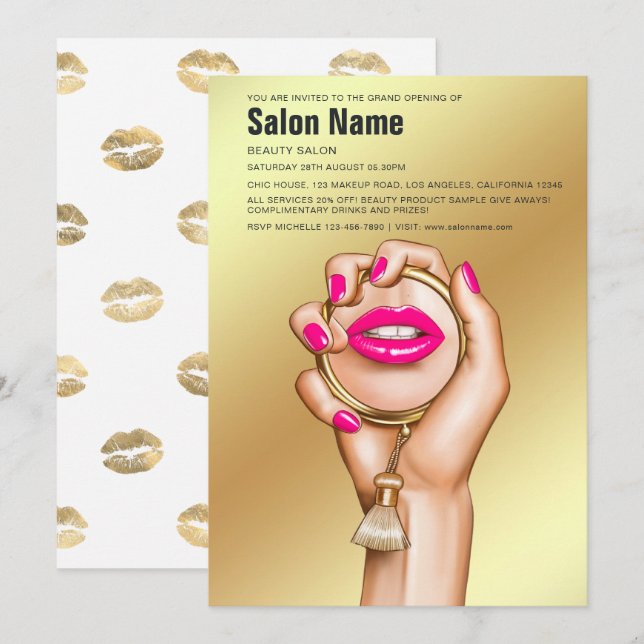 Pink and Gold Glam Chic Beauty Salon Grand Opening Invitation (Front/Back)
