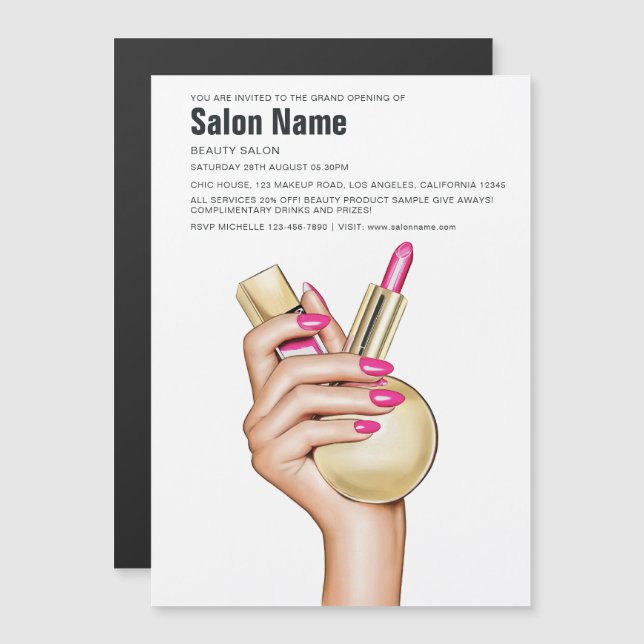Pink and Gold Glam Chic Beauty Salon Opening Magnetic Invitation (Front/Back)