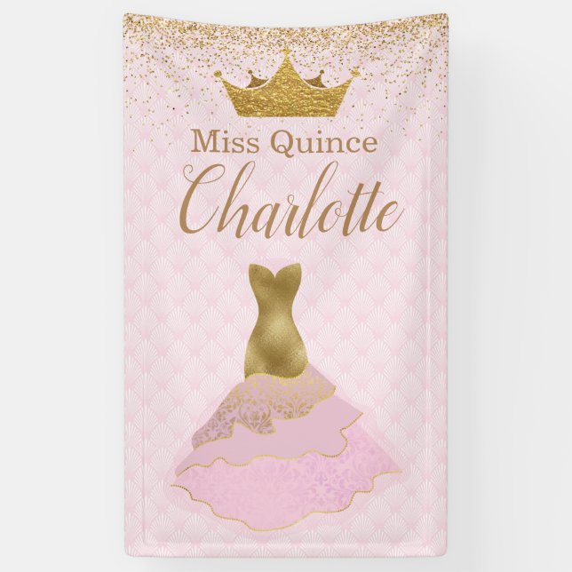 Pink and Gold Glam Dress Quinceañera Banner (Vertical)