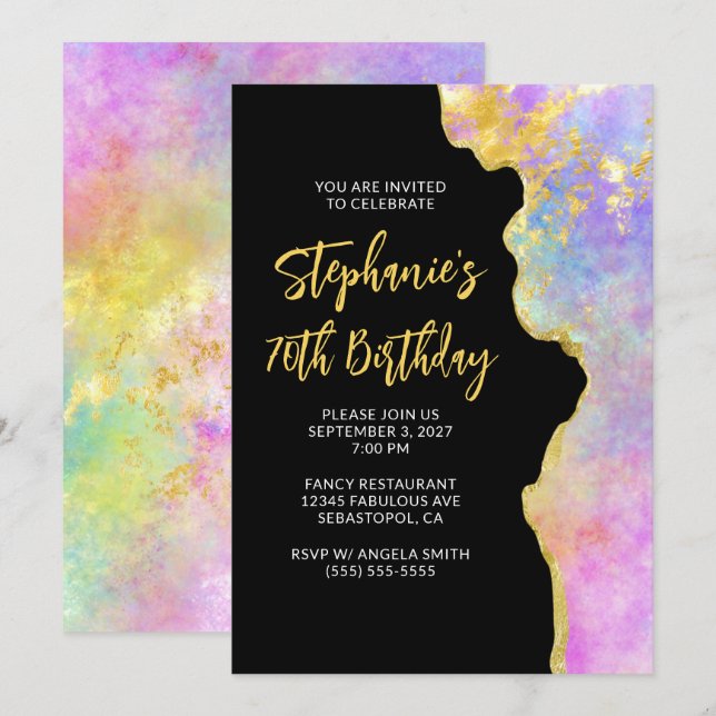 Pink and Gold Glam Fire Opal 70th Birthday Invitation (Front/Back)