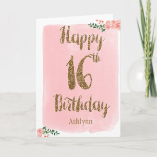 Pink and Gold Glitter 16th Birthday Card
