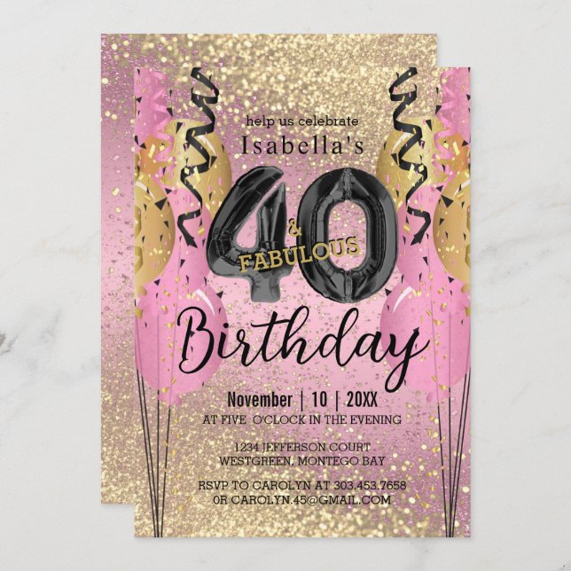 Pink and Gold Glitter 40th Birthday  Invitation (Front/Back)