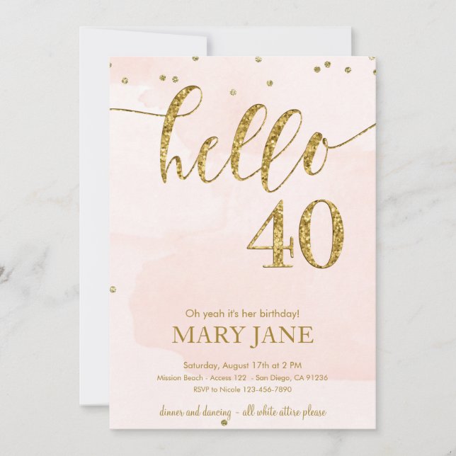 Pink and gold glitter 40th Birthday Invitation (Front)