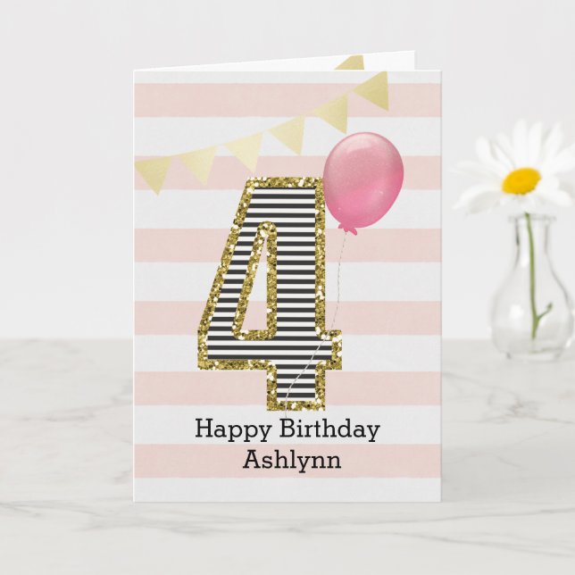 Pink and Gold Glitter 4th Birthday Card (Small Plant)