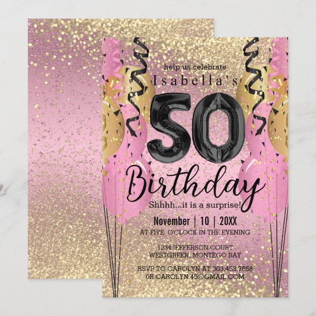 Pink and Gold Glitter 50th Birthday  Invitation (Front/Back)