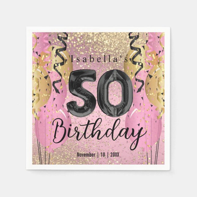 Pink and Gold Glitter 50th Birthday  Napkin (Front)