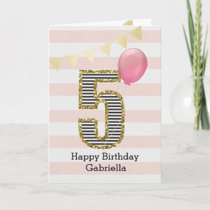 Pink and Gold Glitter 5th Birthday Girl Card
