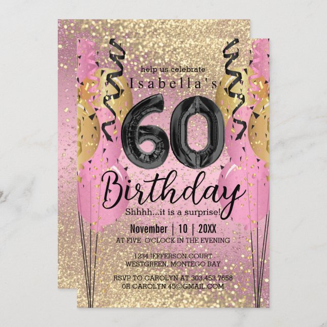 Pink and Gold Glitter 60th Birthday  Invitation (Front/Back)