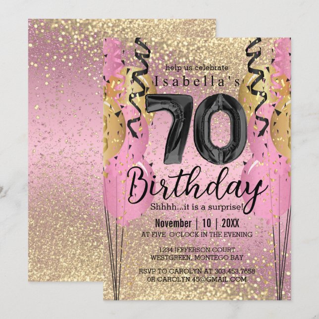 Pink and Gold Glitter 70th Birthday  Invitation (Front/Back)